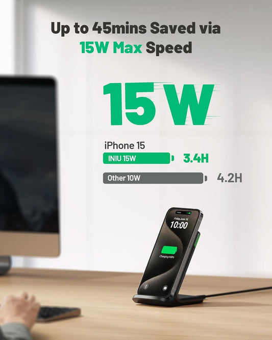 INIU Wireless Charger, 15W Fast Qi-Certified Wireless Charging Station with Sleep