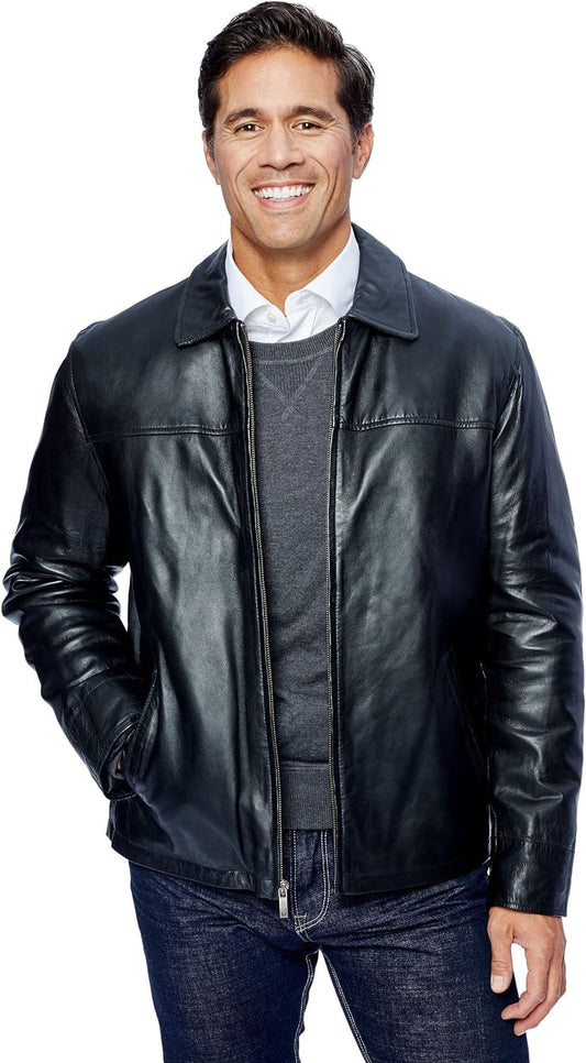 Excelled Men's New Zealand Lambskin Leather Classic Open Bottom Jacket, Black, Large