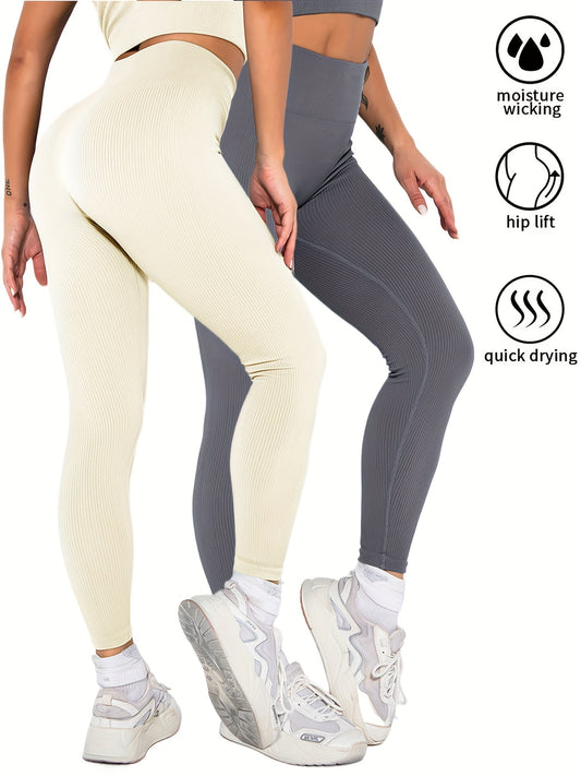 2 Pack Womens Seamless Ribbed Leggings Soft Slimming Yoga Pants, Ribbed Yoga Pants High Waisted Gym Leggings Sport Women Fitness Seamless Female